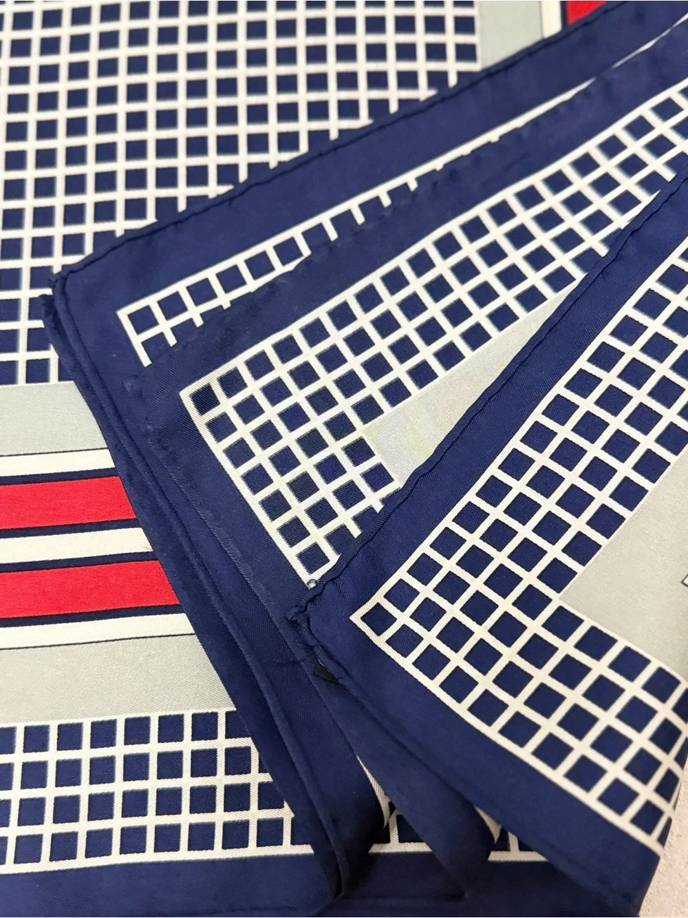 Yves Saint Laurent Navy, Red & Silver Geometric Silk Scarf